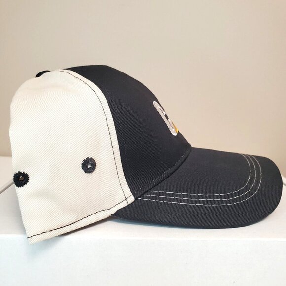 CAT Caterpillar Raised Logo Adjustable Strap Back Curve Bill Style Black Tan Hat - Picture 8 of 11